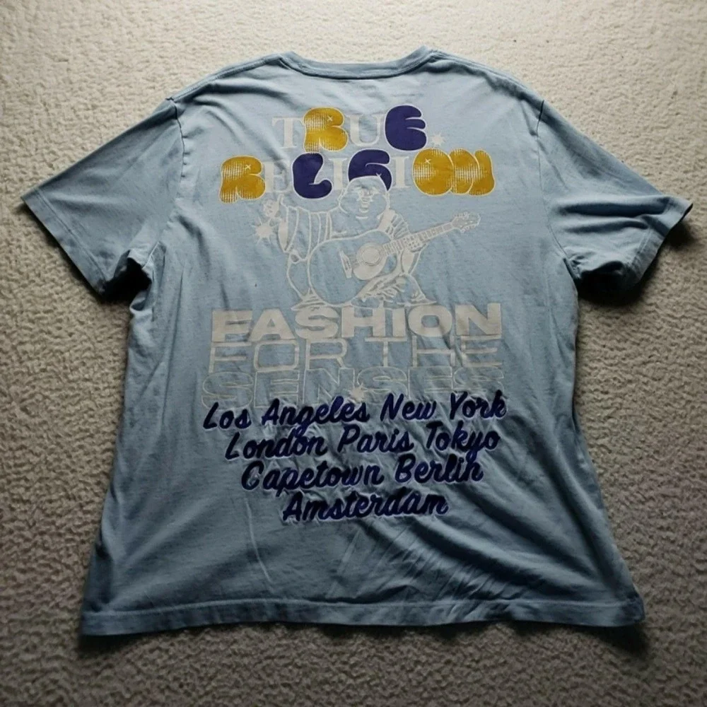 True Religion Shirt Mens Large Blue Fashion For The Senses Cities Graphic Tee